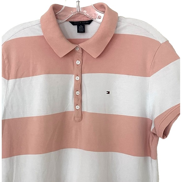 Tommy Hilfiger Women's Polo Shirt Sz XL Peach Orange White Striped Short Sleeve - Picture 1 of 11